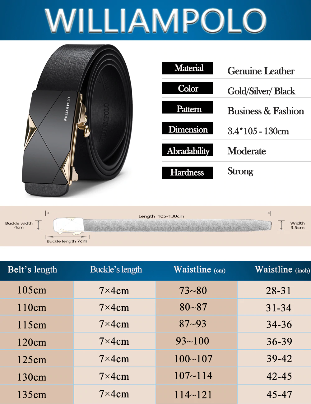 Cinturones de cuero de moda para hombre WILLIAMPOLO con hebilla sólida